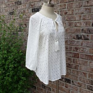 Lavender Brown Eyelet Woven Tassle Tie-Neck Top S